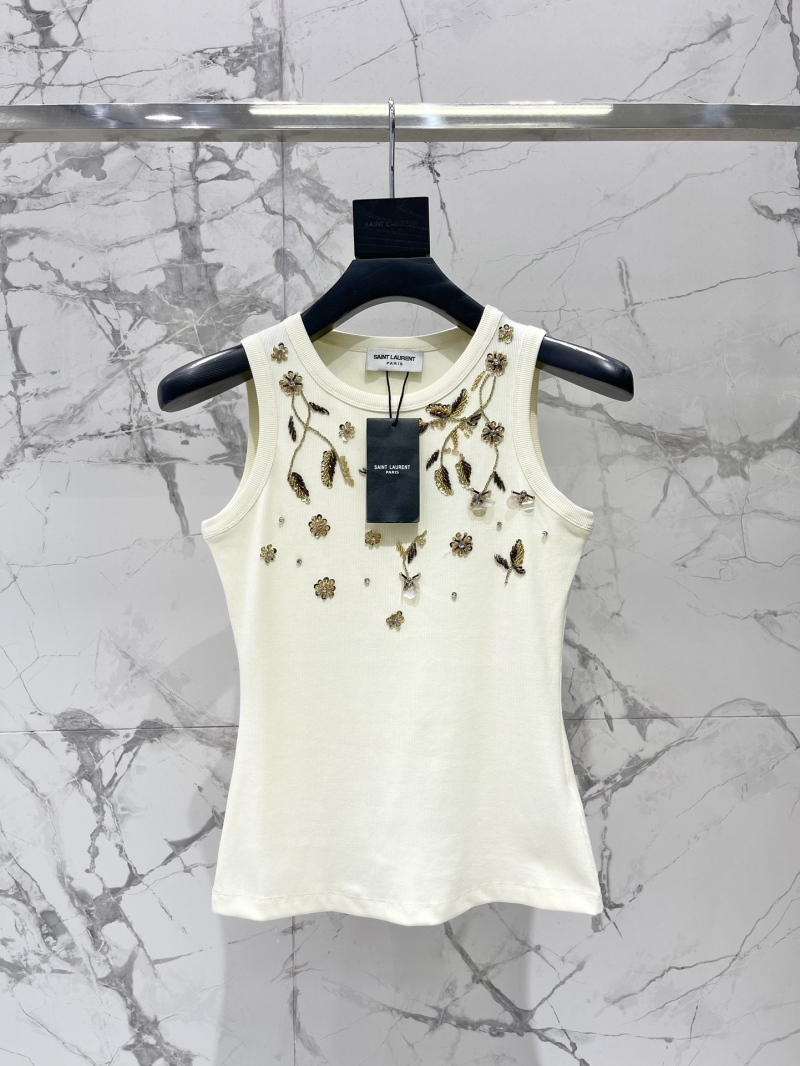 YSL Saint Laurent Exclusive Beaded Sleeveless Top in Beige