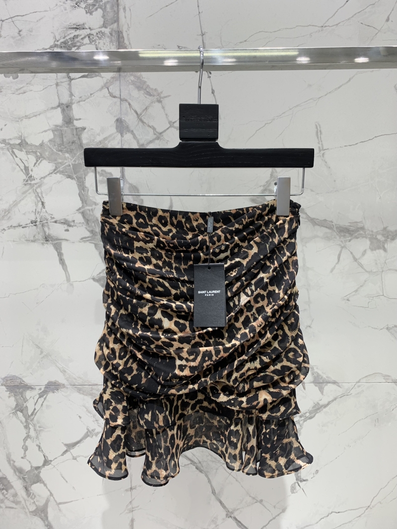 YSL Saint Laurent Leopard Print Crinkled Georgette Wrap Skirt