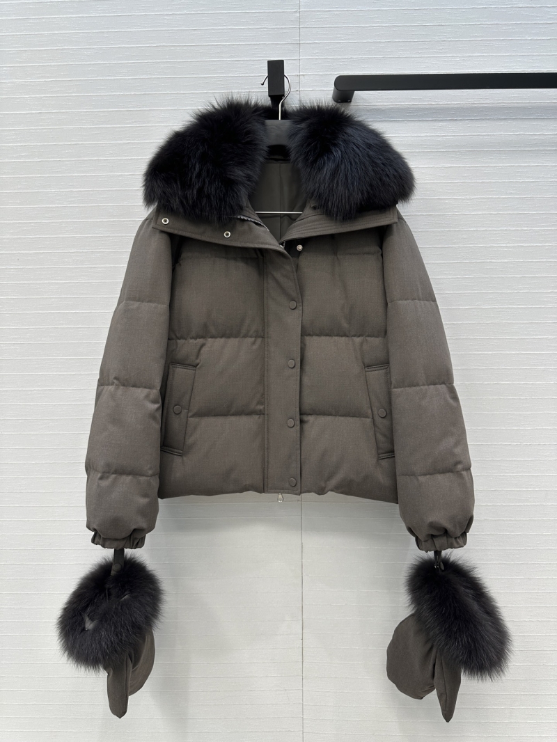 Saint Laurent x Loro Piana Grey Tencel-Wool Down Jacket with Fox Fur Hood and Mittens