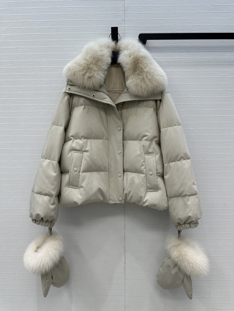 Saint Laurent x Loro Piana Collaboration: Luxe Fox Fur-Trimmed Down Jacket & Mittens in Apricot-Beige