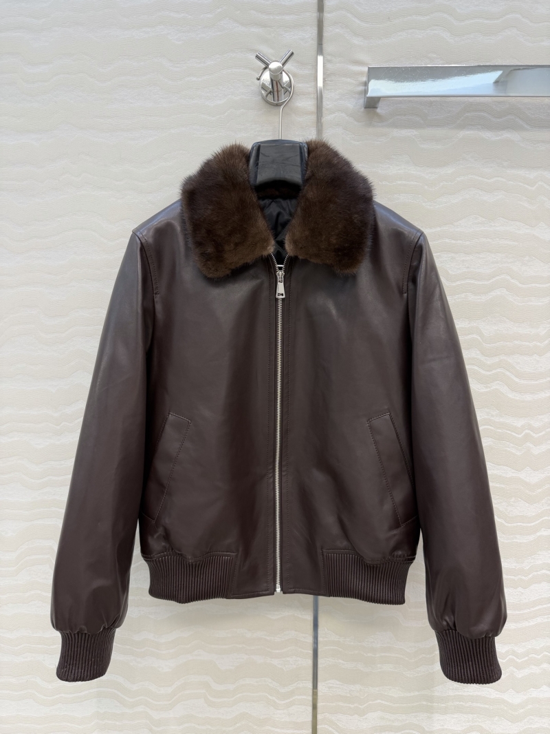 YSL Saint Laurent Signature Lambskin Leather Bomber Jacket with Exquisite Detachable Mink Fur Collar