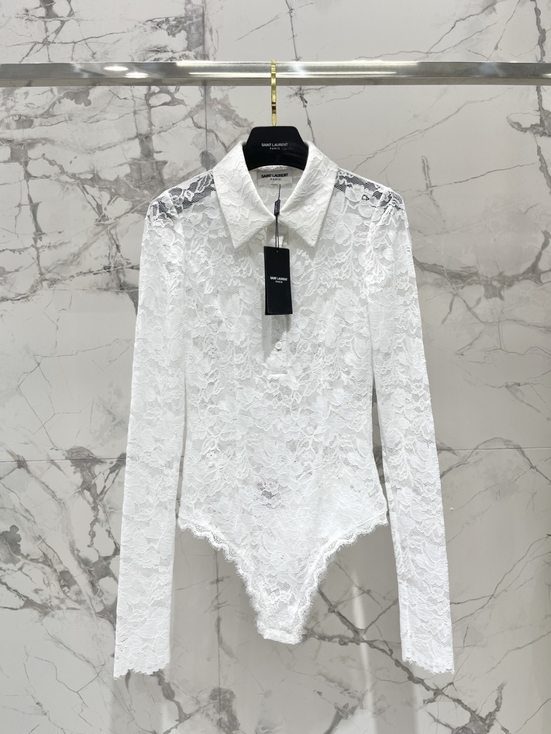 Saint Laurent Floral Lace Jacquard Long Sleeve Bodysuit in Pure White