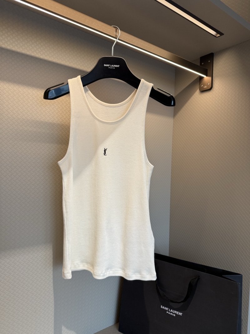 Saint Laurent YSL Ribbed Knit Embroidered Logo Tank Top in Off-White