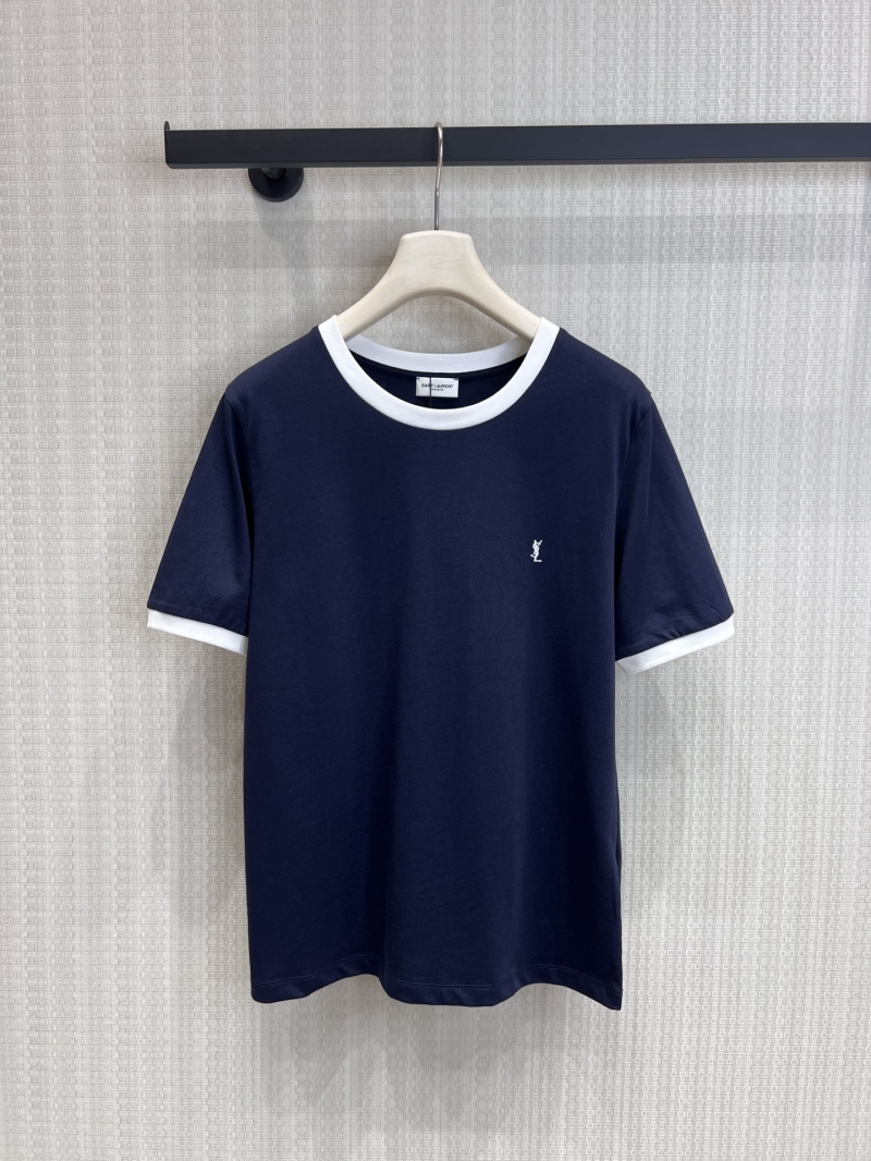 YSL Saint Laurent Embroidered Micro-Logo Ringer T-Shirt in Navy Blue
