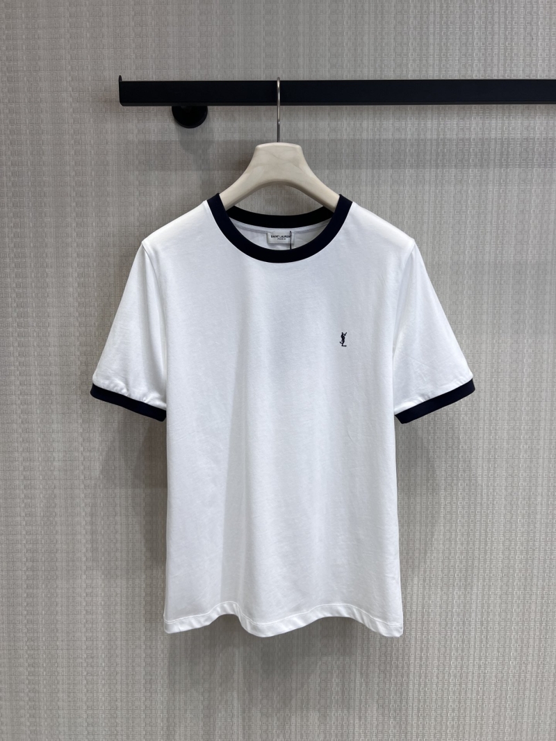 Saint Laurent Micro-Logo Embroidered Cotton Ringer T-Shirt in White/Navy
