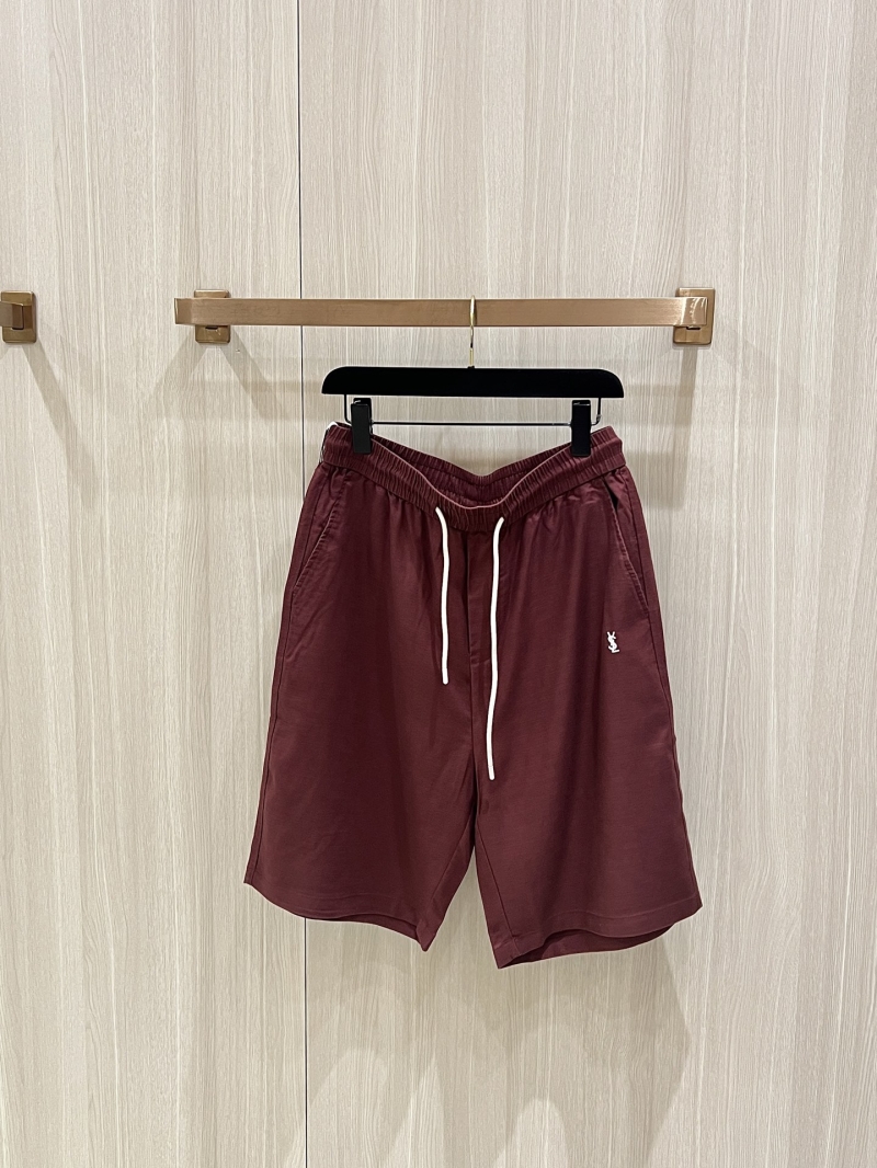 SAINT LAURENT YSL Monogram Linen Drawstring Shorts in Burgundy