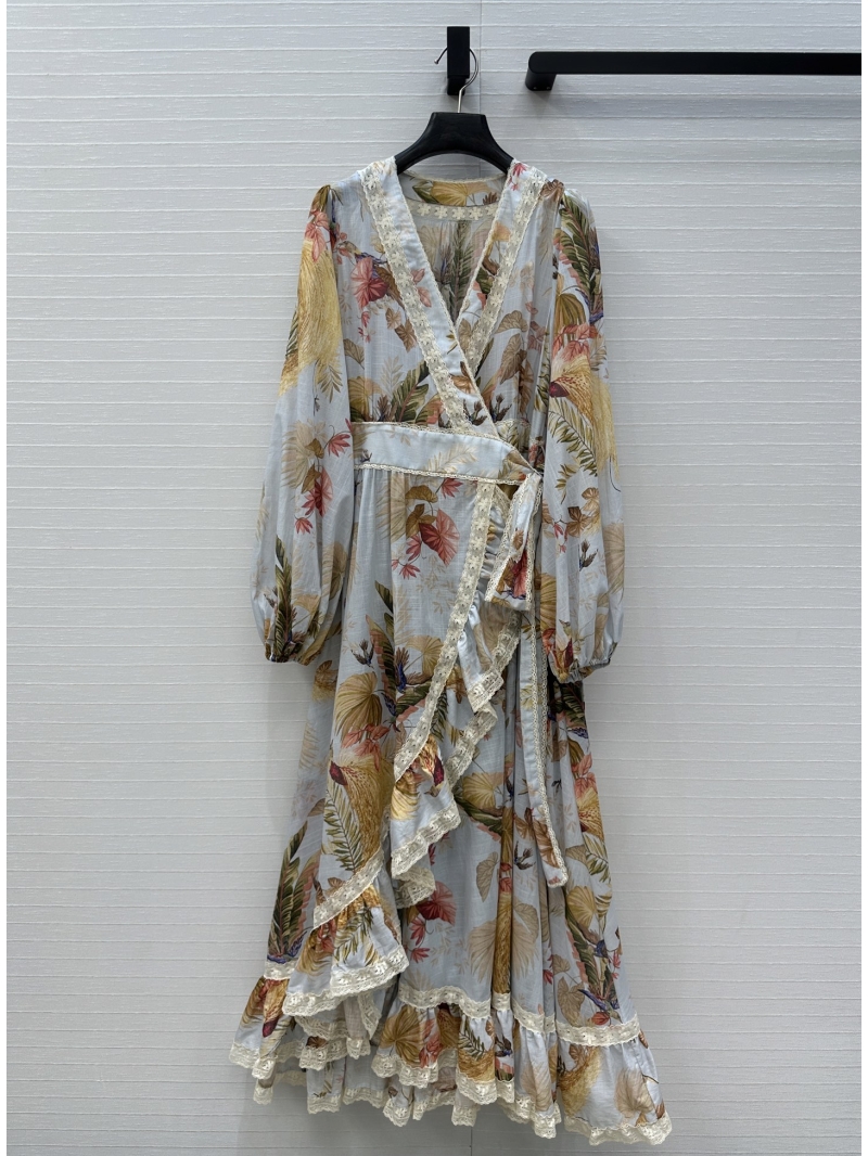 Zimmermann Zm25 Resort Blue Palm Floral Lace-Trim Puff Sleeve Dress - Luxe Elegance