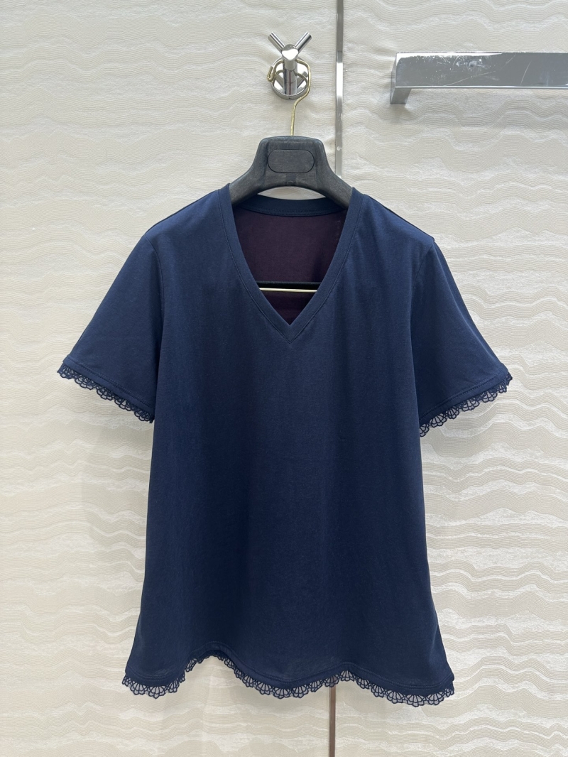Zimmermann Elegant V-Neck Lace-Trimmed Short Sleeve T-Shirt - Navy