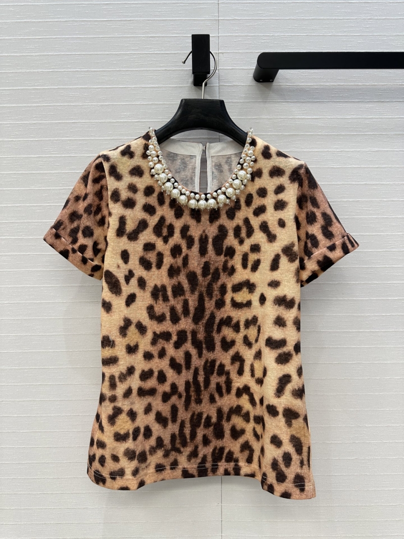 Zimmermann Luxe Leopard Print T-Shirt with Pearl & Crystal Collar