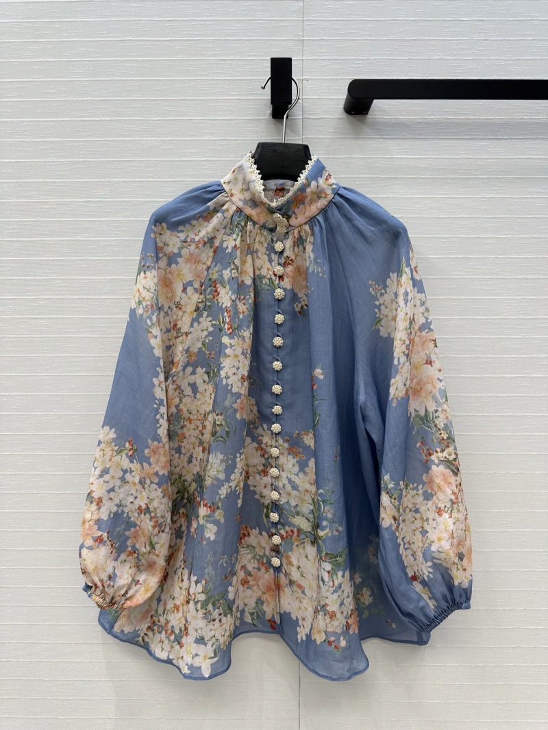 Zimmermann 2025 Spring/Summer Tea Blue Floral Shirt - Elegant Vacation Style with Lace Trim