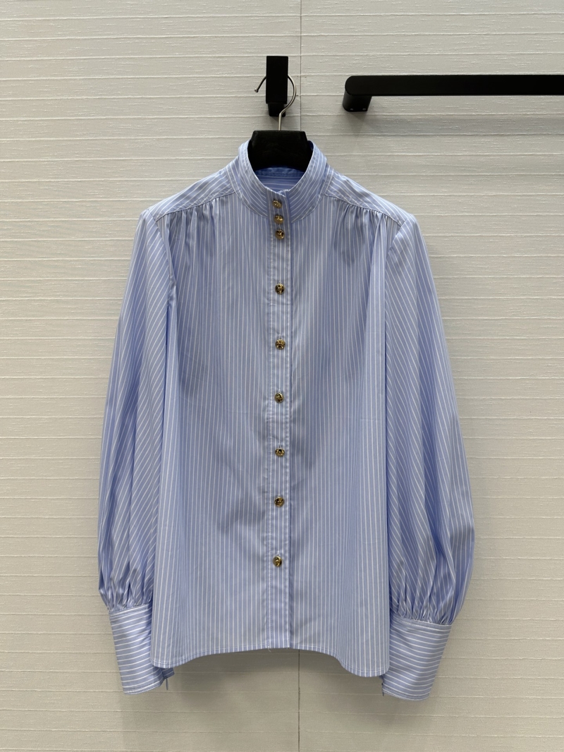 Zimmermann Blue Striped Cotton Shirt with Lantern Sleeves and Elegant Mandarin Collar