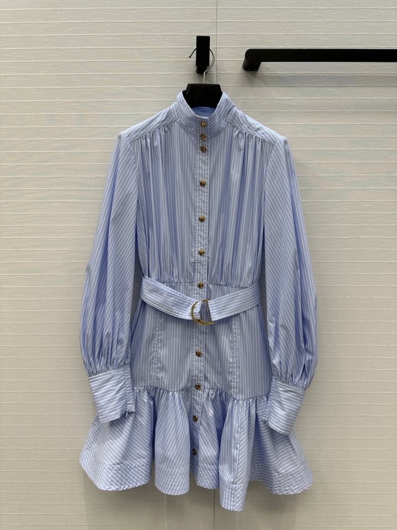 Zimmermann Early Autumn Blue Striped Cotton Dress with Belted Waist and Peplum Hem