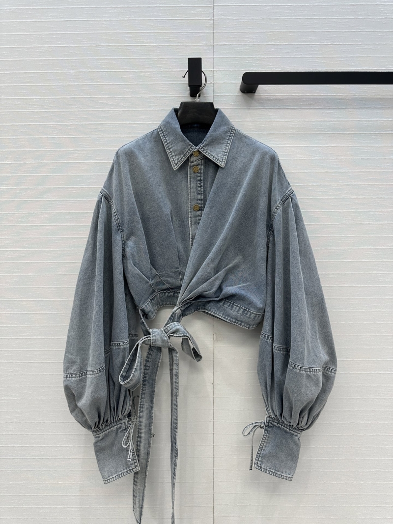 Zimmermann Ruched Wrap Denim Shirt – Cropped Puffed Sleeve Blouse in Soft Washed Grey