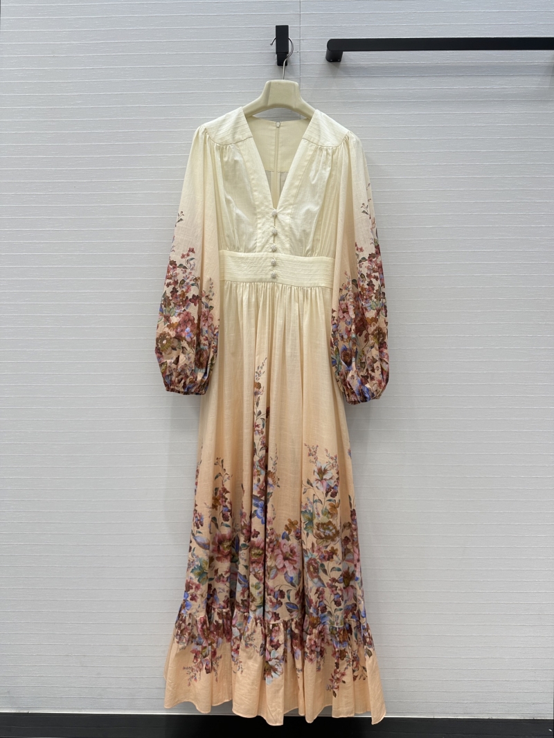 Zimmermann Ivory Cotton Floral Print Maxi Dress | Deep V-Neck, Puffed Sleeves
