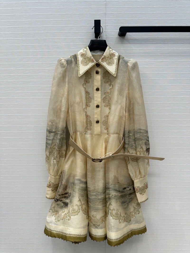 Zimmermann Exquisite Silk-Linen Blend Mini Dress | Ocean Sunset Print, Beaded Hem, Lantern Sleeves