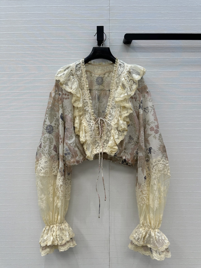 Zimmermann Rebellion Silk-Linen and Organza Lace Floral Blouse in Cream Multi