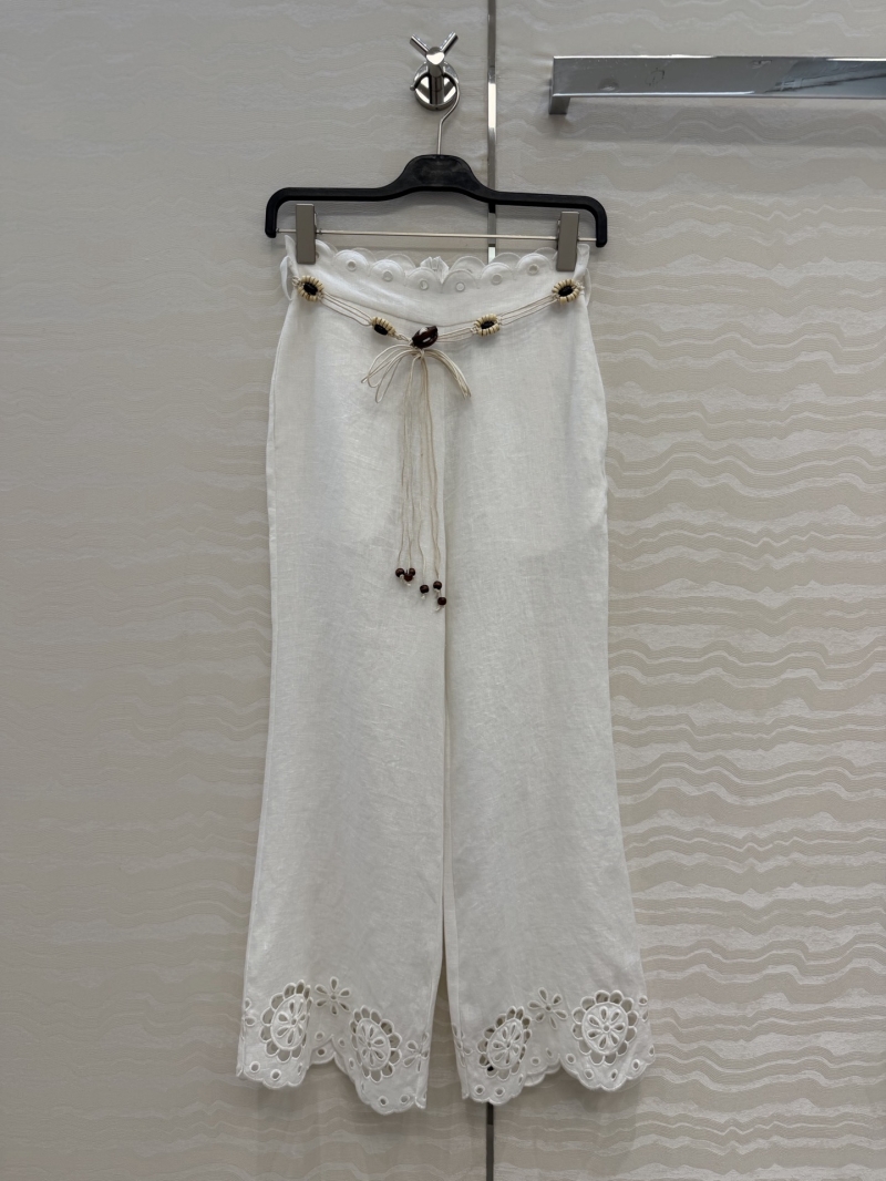 Zimmermann Signature 100% Heavyweight Linen Wide-Leg Eyelet Embroidery Pants in Cream