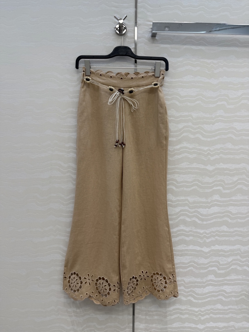 Zimmermann 100% Heavy-weight Linen Embroidered Wide-Leg Resort Pants in Natural Camel