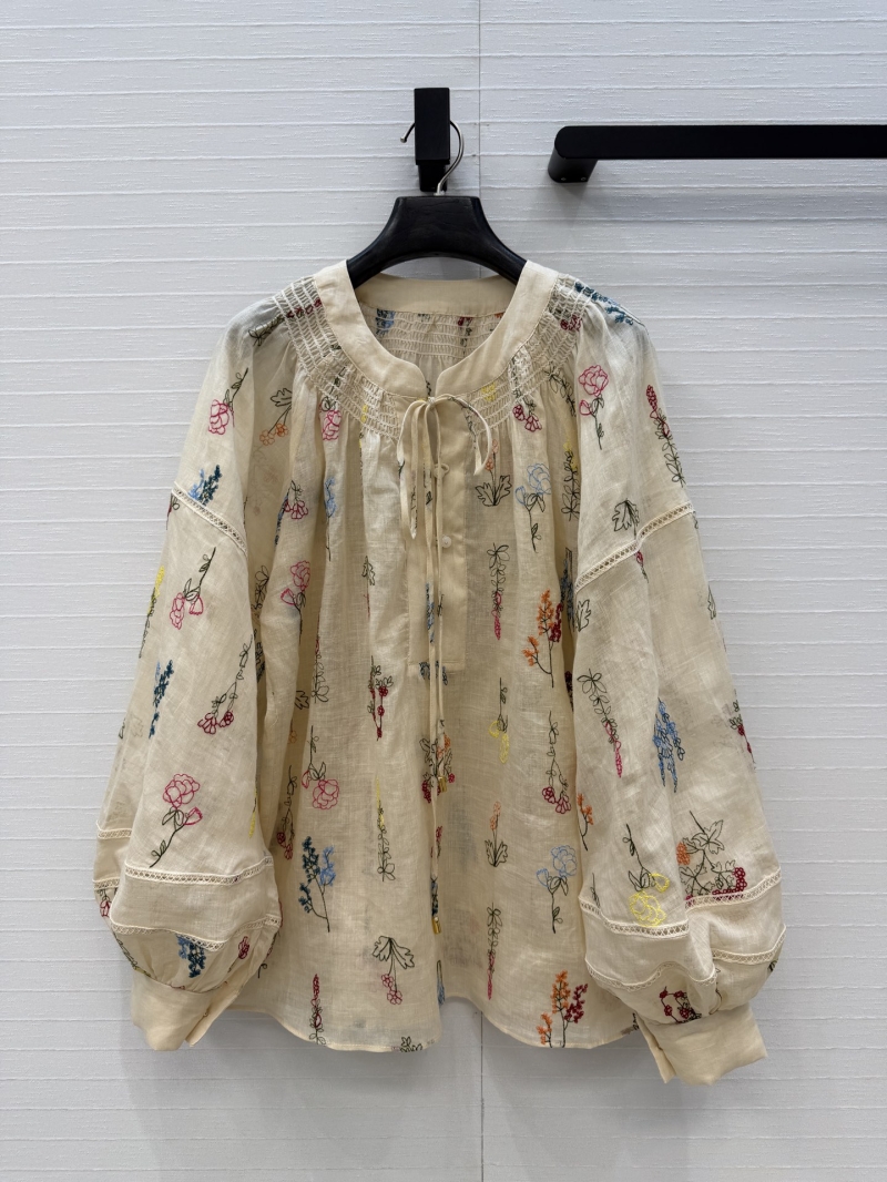 Zimmermann Floral Embroidered Silk-Linen Lantern Sleeve Resort Blouse in Cream