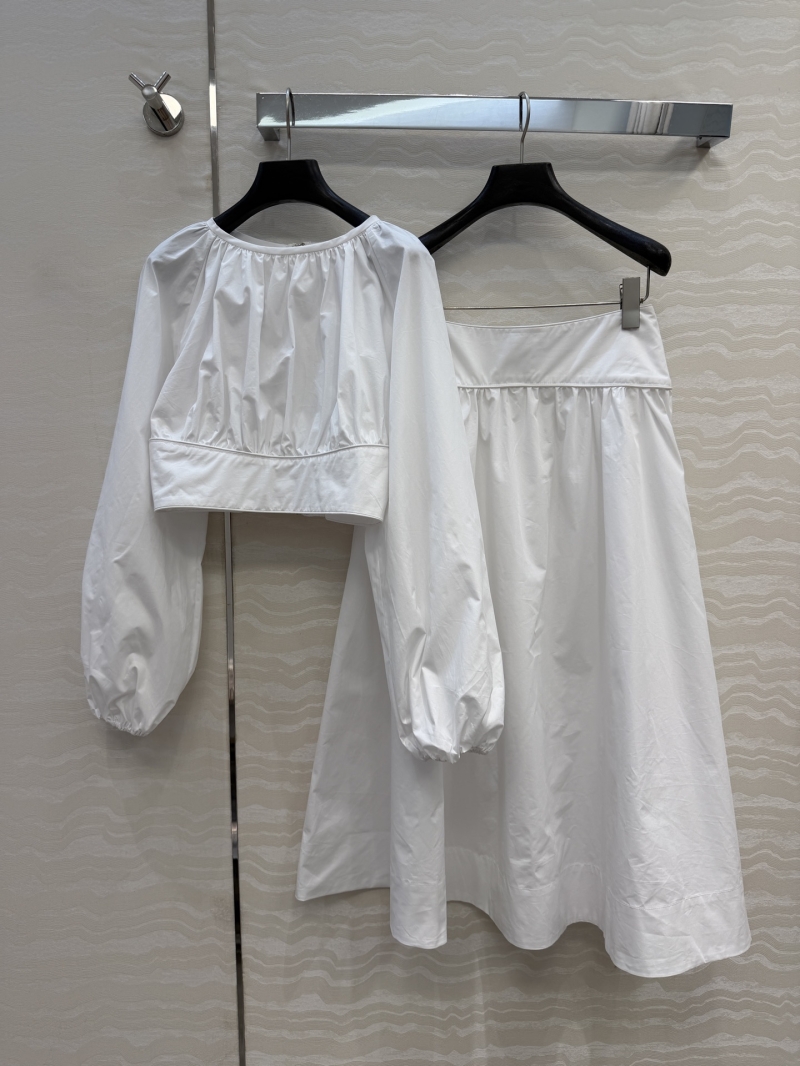 Zimmermann 100% Imported Pure Cotton French Court-Style Puff Sleeve Top and Full Midi Skirt Set in White Moonlight