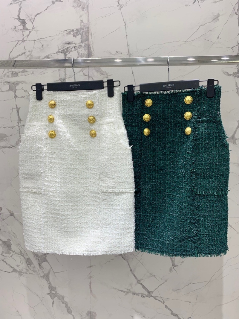Balmain 2023 Fall/Winter Tweed Woolen A-Line Skirt Green