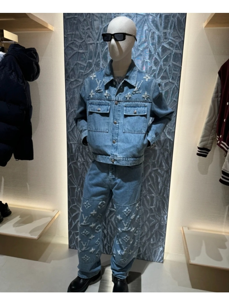 Louis Vuitton Monogram Distressed Light Blue Denim Jeans - Exquisite Fil-Coupé Paneled Straight-Leg