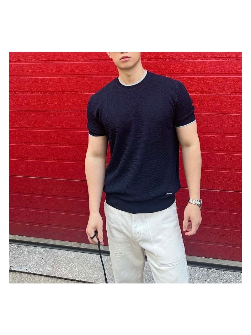 Prada Men's Contrast Collar & Cuff Knitted Short Sleeve Shirt