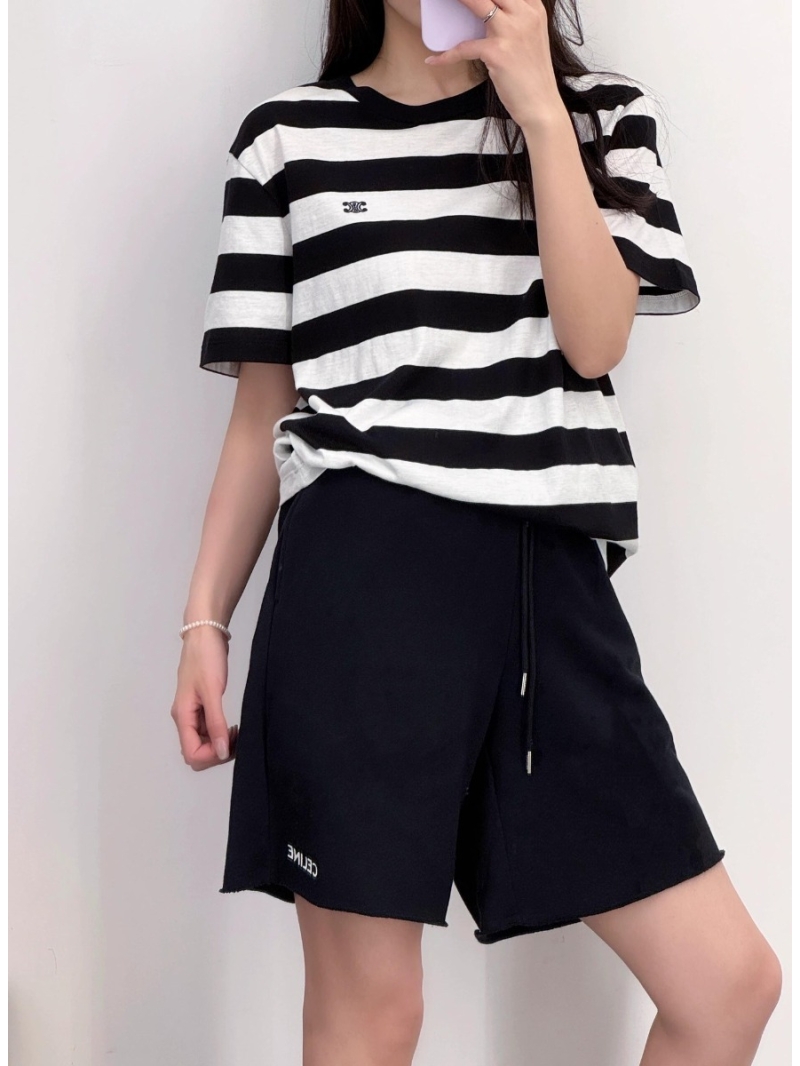 Celine Triomphe Embroidered Striped Cotton T-Shirt in Black and White