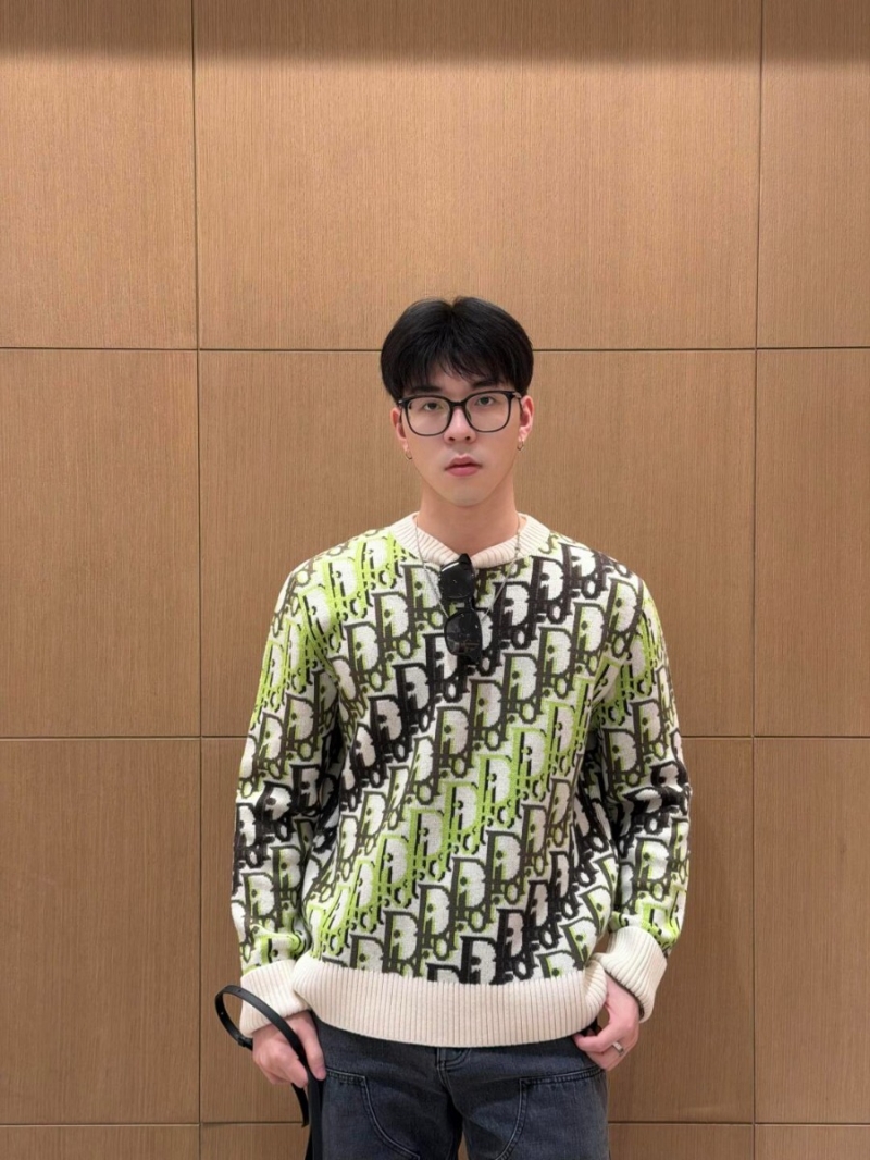 Dior Oblique Monogram Crewneck Sweater in Cream and Neon Green