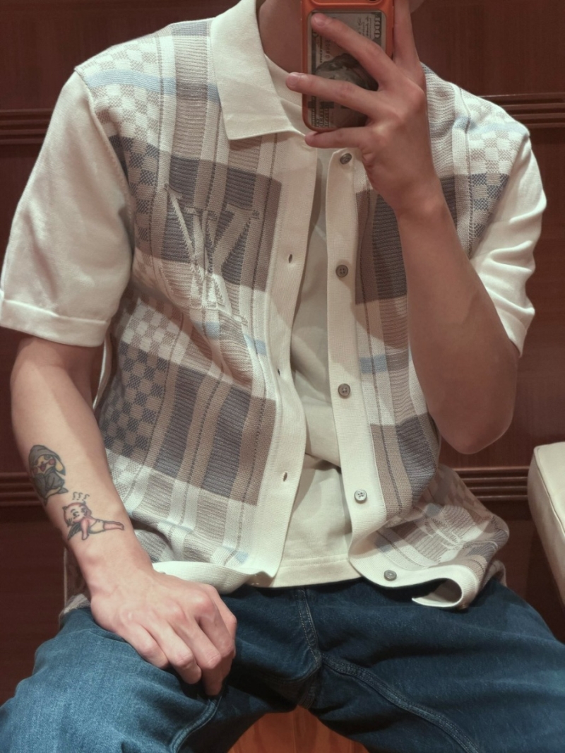 Louis Vuitton Damier Knit Short-Sleeved Polo Shirt in Beige and White