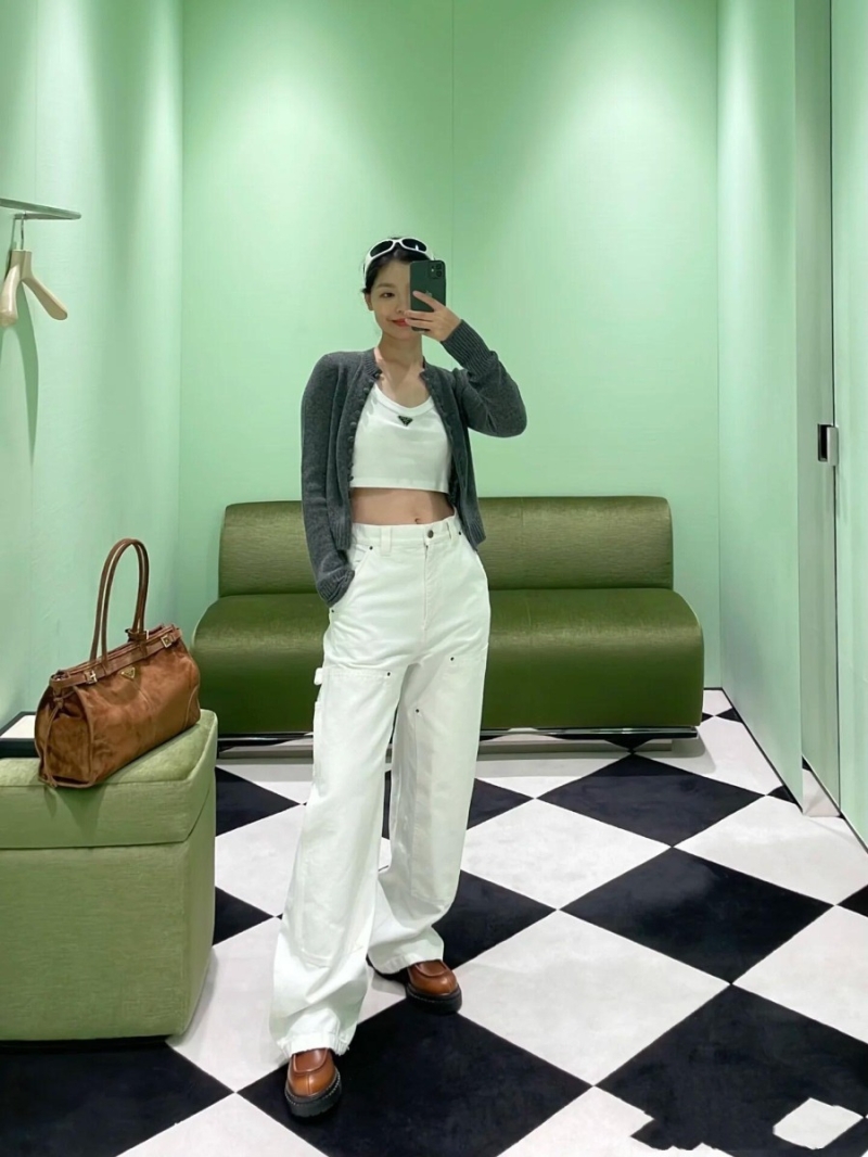 Prada Unisex Double-Knee Distressed Utility Trousers in Crisp White