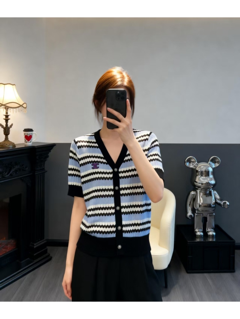 Chanel Wave Stripe Silk-Wool Knit V-Neck Cardigan - Cornflower Blue & Pastel Pink