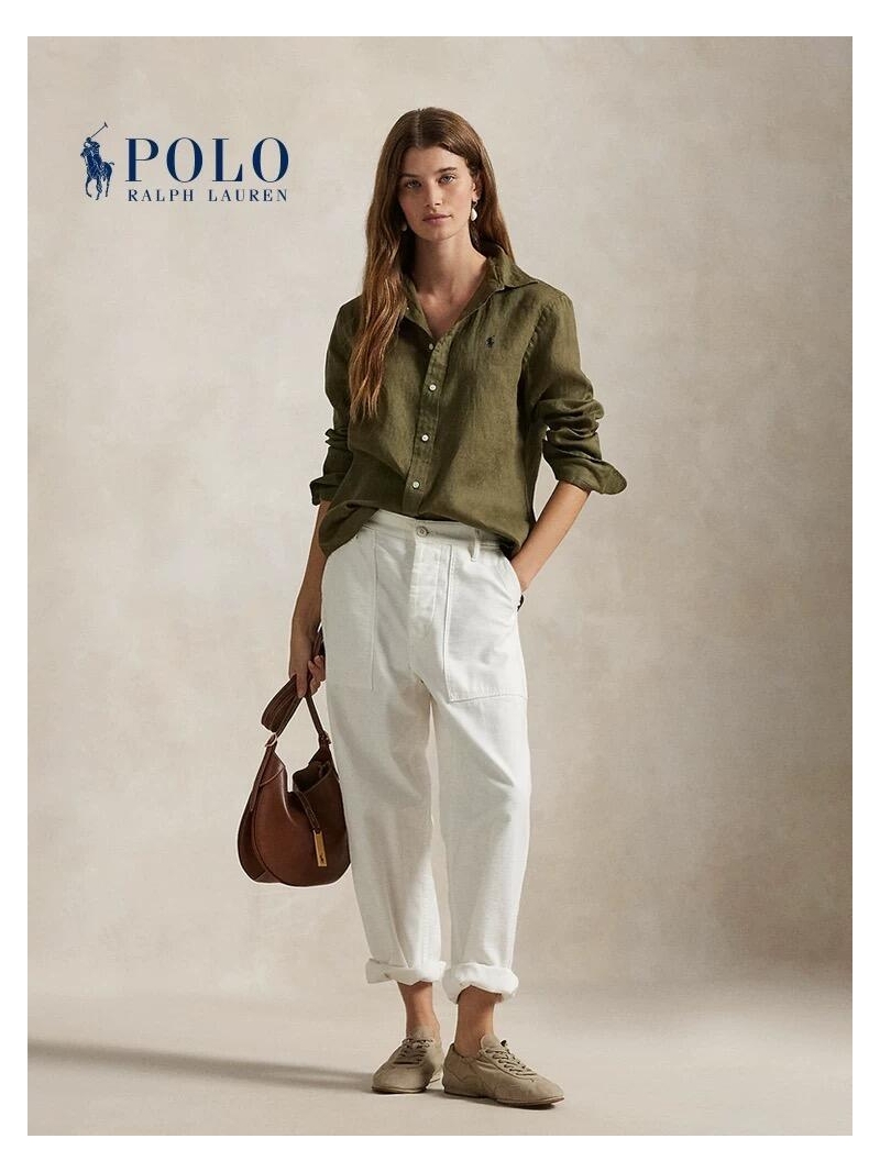 Ralph Lauren Signature Embroidered Olive Green Linen Shirt