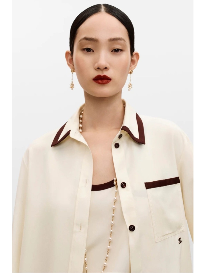 Chanel Exquisite Silk Contrast Pocket Blouse - Cream and Burgundy, Tailored Luxury, CC Logo, Silk Long-Sleeve Shirt