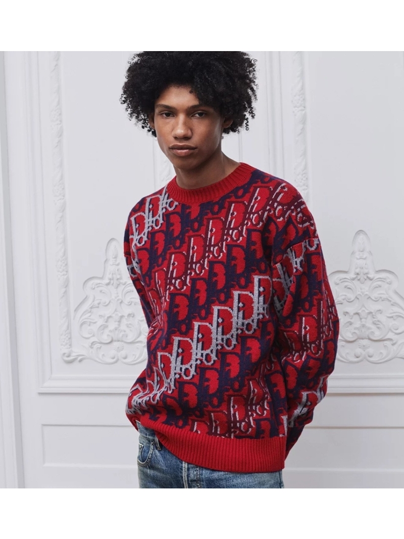 Dior Oblique Jacquard Crew Neck Sweater in Deep Red