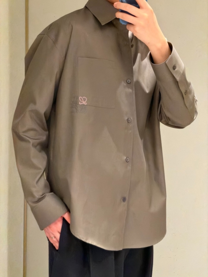 Loewe Signature "Anagram" Embroidered Olive Green Cotton Poplin Shirt