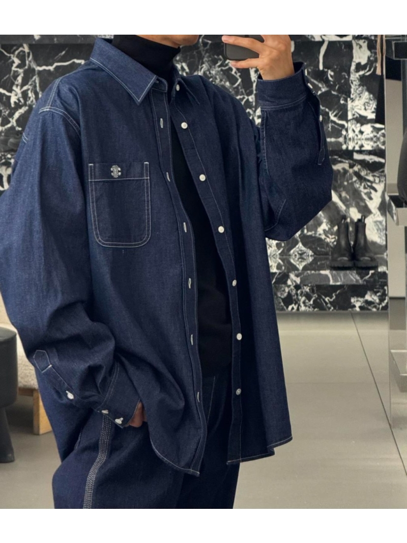 Celine Triomphe Embroidered Denim Shirt in Dark Indigo