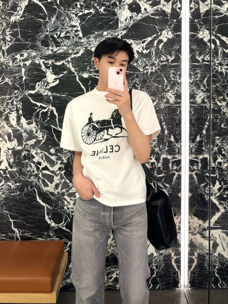 Celine Horse Carriage Print Cotton T-Shirt in Off-White