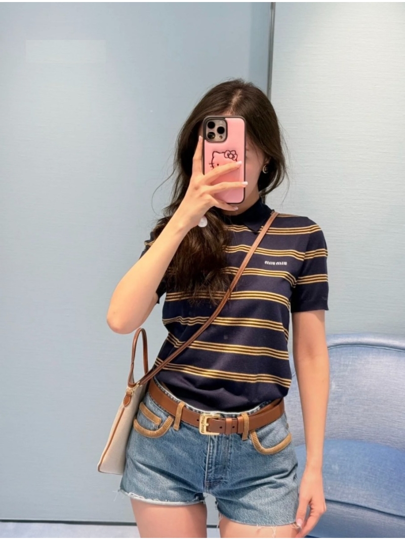 Miu Miu Short-Sleeve Polo Shirt in Navy Blue and Golden Yellow Stripes, Slim Fit, Embroidered Logo