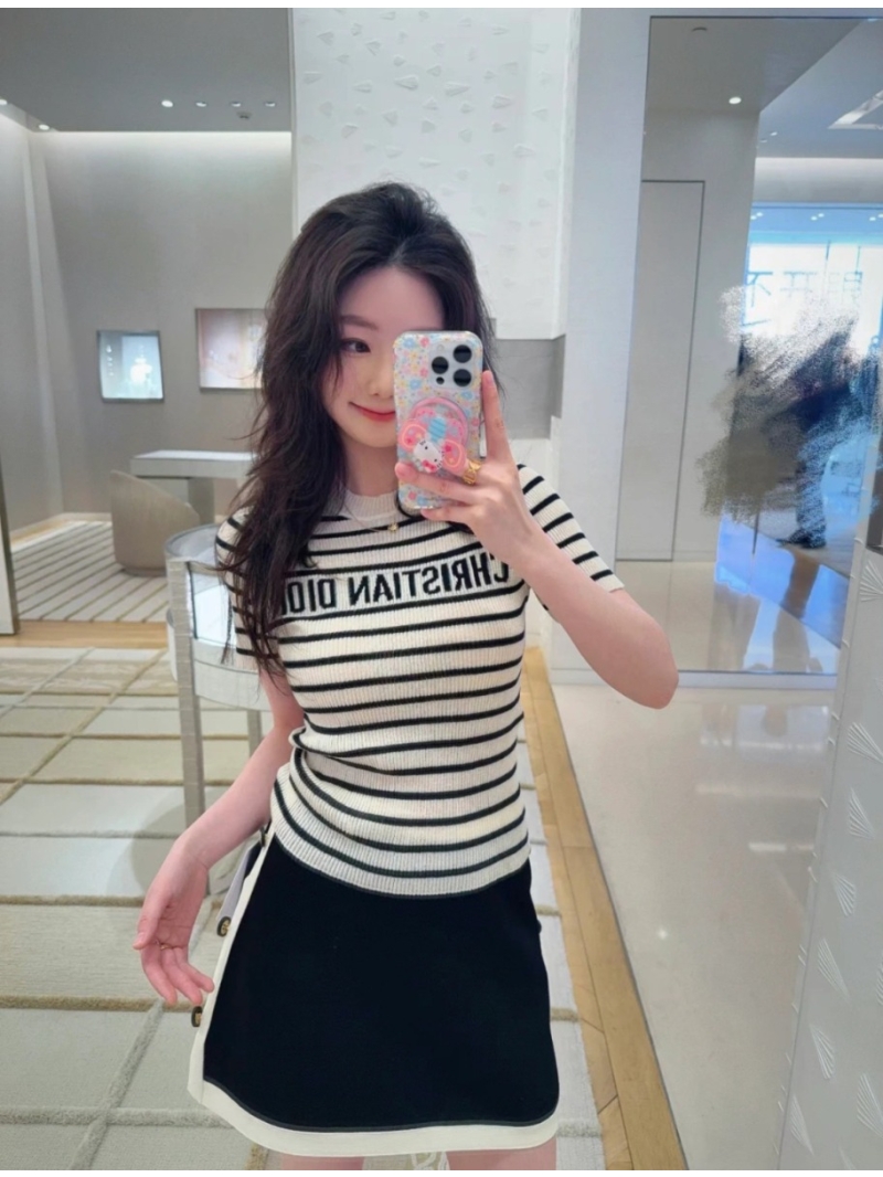 Christian Dior Striped Logo Silk-Linen Knit Top in Cream and Black