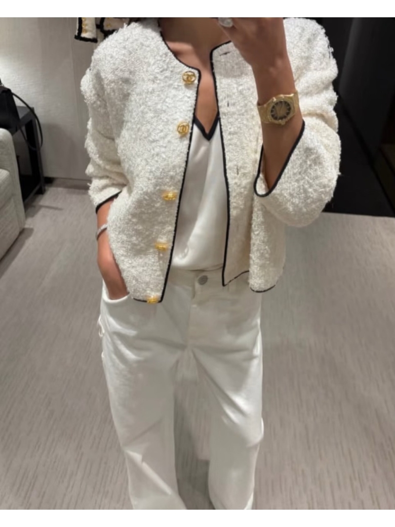 Chanel Boucl&eacute; Tweed Cropped Cardigan with Ornate Gold Buttons Creme