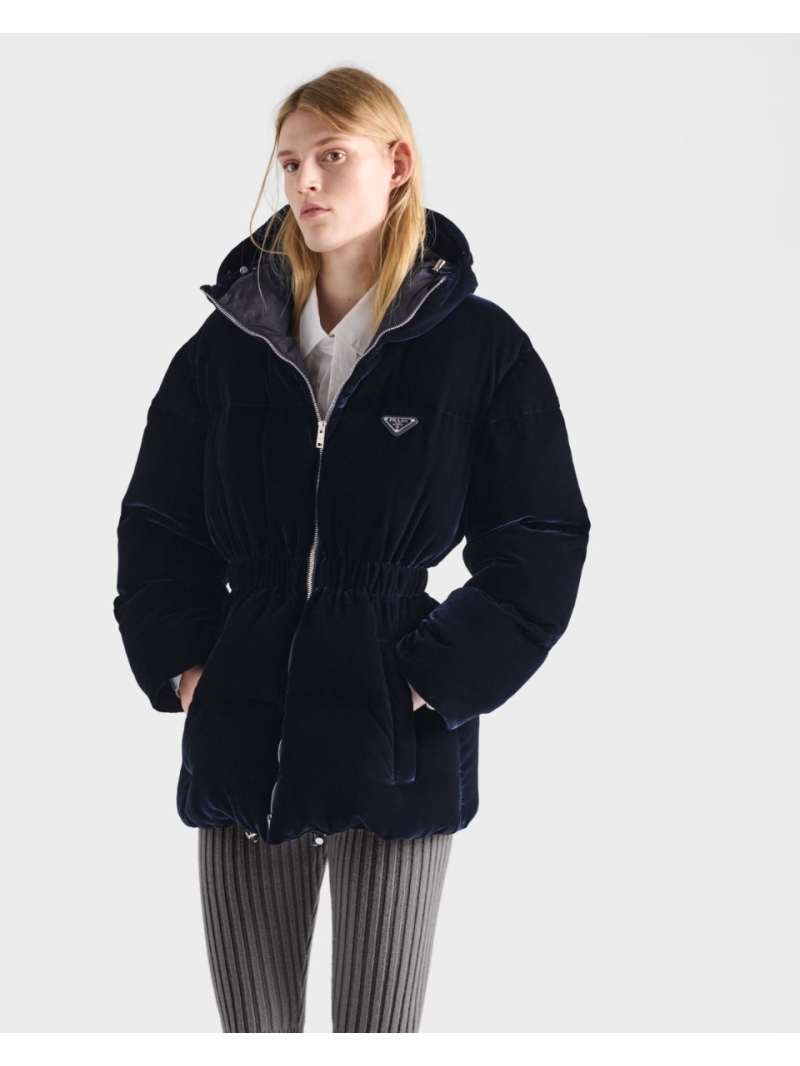 Prada Velvet Quilted Hooded Puffer Jacket with Ant Waist Design in Navy