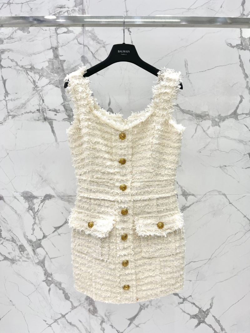BALMAIN High-End Tweed Sheath Dress White