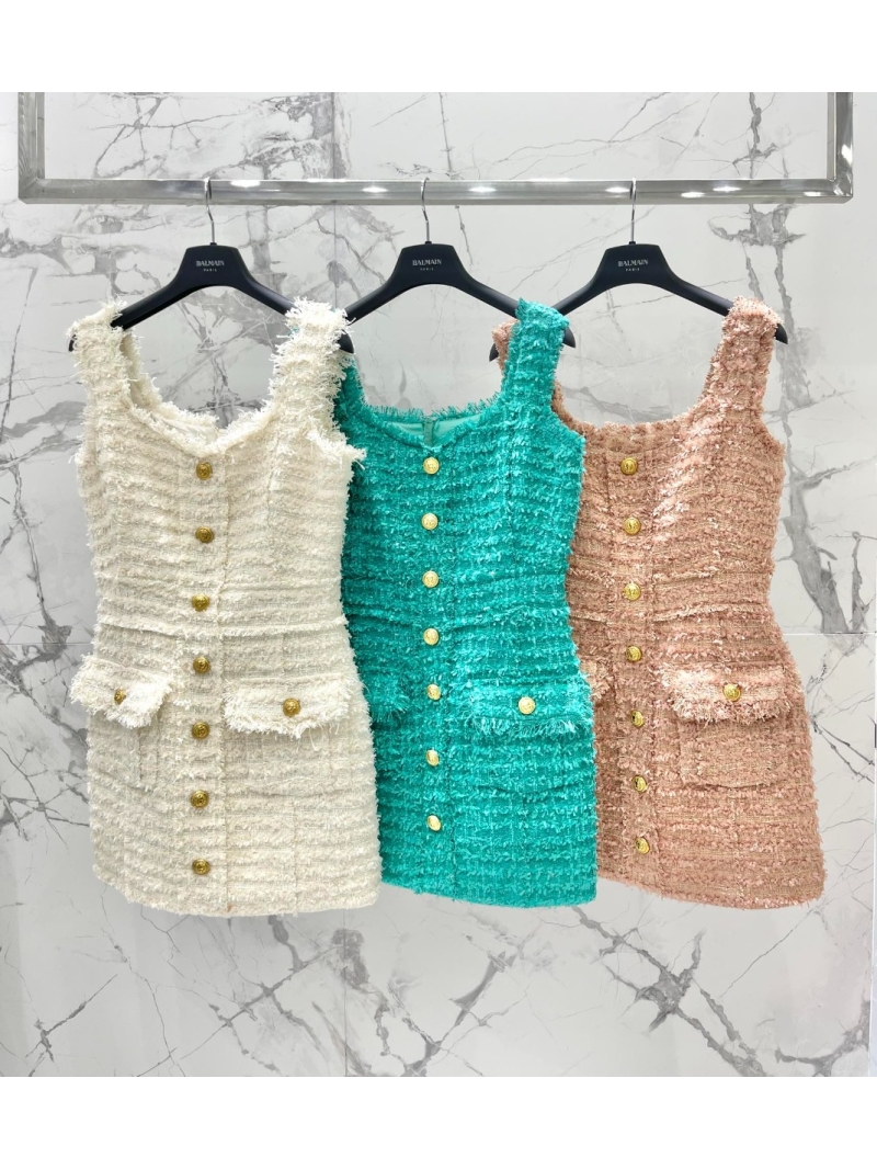 BALMAIN High-End Tweed Sheath Dress Blush