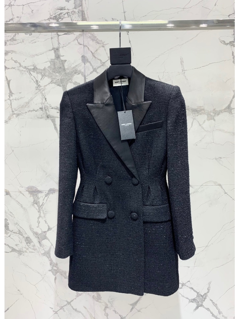 Saint Laurent YSL Glitter Wool Blazer Dress with Contrasting Satin Collar Coat