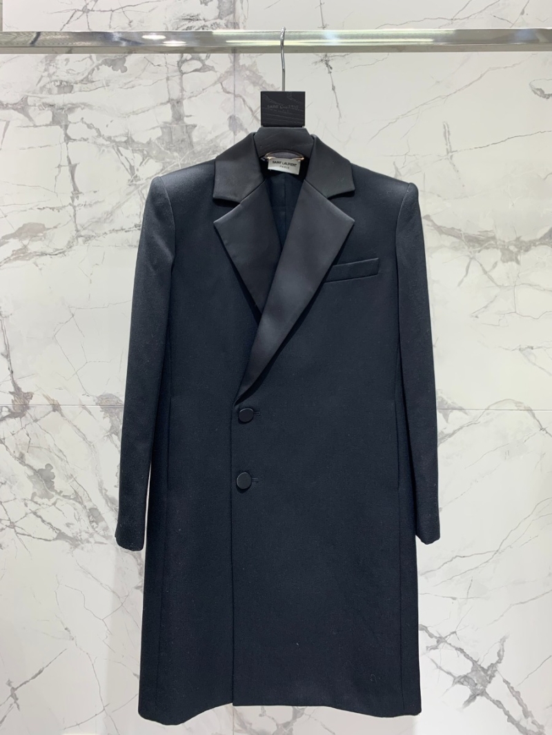 Saint Laurent YSL Satin-Collared Long Wool Overcoat