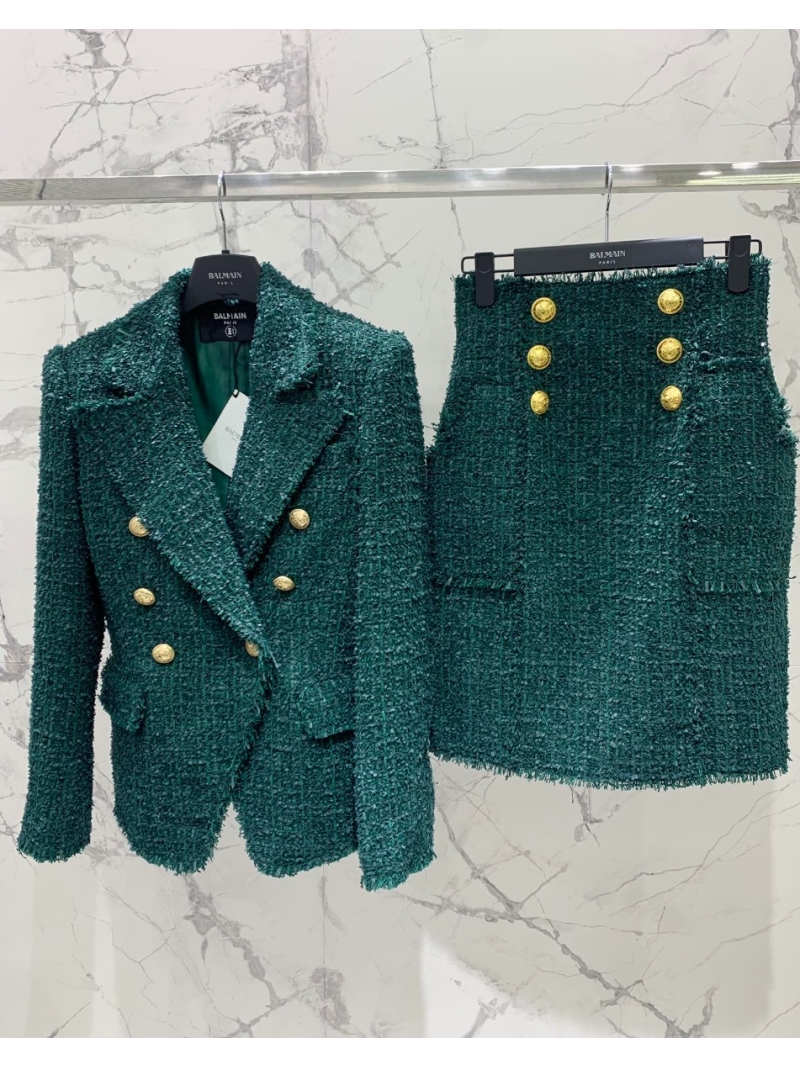 Balmain 2023 Fall/Winter Collection Tweed Wool Blazer Green