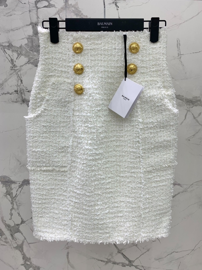 Balmain 2023 Fall/Winter Tweed Woolen A-Line Skirt White