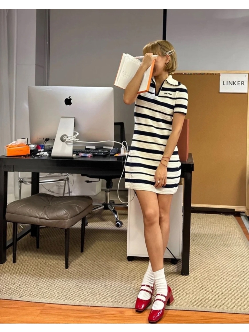 Miu Miu Striped Textured Knit Polo Mini Dress in Ivory and Navy