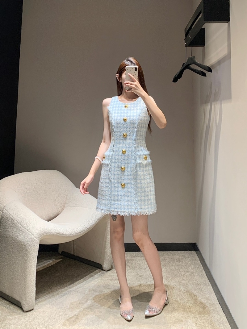 Balmain 24FW Early Autumn Tweed Fringe Plaid Vest Dress